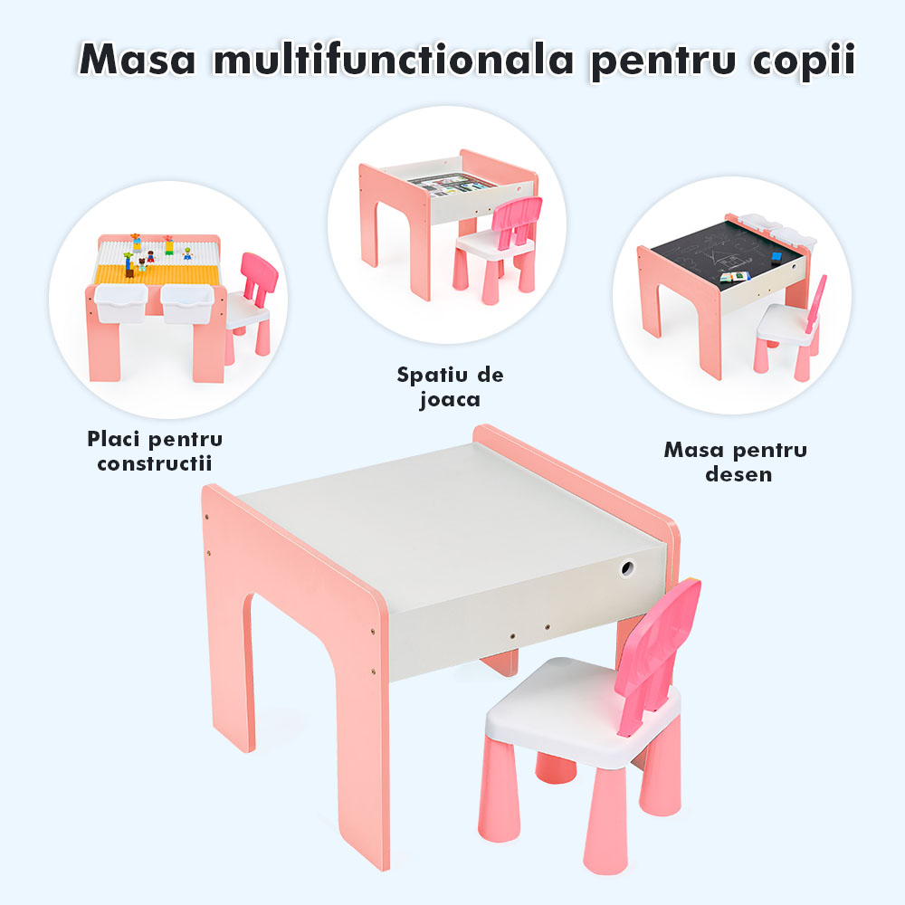 Măsuță multifuncțională pentru copii, folosita la activitati creative, construit modular cu blocuri, depozitare, desenat, colorat, din lemn mdf, scaun inclus, 57x57x45, 3-6 ani, onuvio® - roz