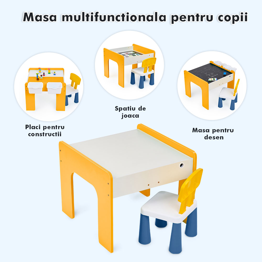 Măsuță multifuncțională pentru copii, folosita la activitati creative, construit modular cu blocuri, depozitare, desenat, colorat, din lemn mdf, scaun inclus, 57x57x45, 3-6 ani, onuvio® - galben