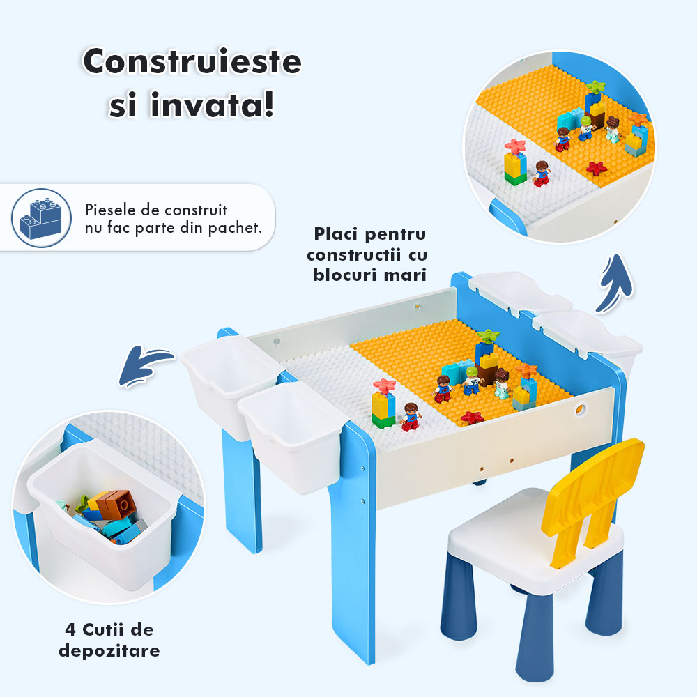 Măsuță multifuncțională pentru copii, folosita la activitati creative, construit modular cu blocuri, depozitare, desenat, colorat, din lemn mdf, scaun inclus, 57x57x45, 3-6 ani, onuvio® - albastru deschis