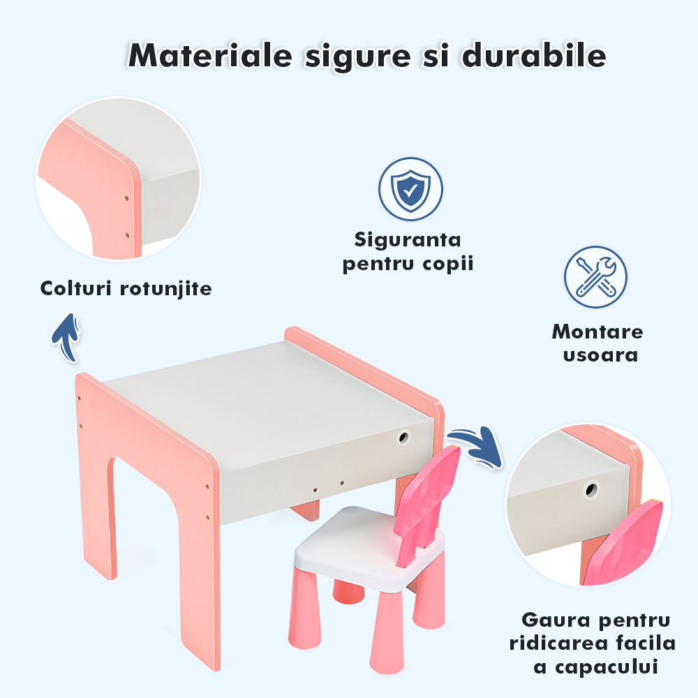 Măsuță multifuncțională pentru copii, folosita la activitati creative, construit modular cu blocuri, depozitare, desenat, colorat, din lemn mdf, scaun inclus, 57x57x45, 3-6 ani, onuvio® - roz
