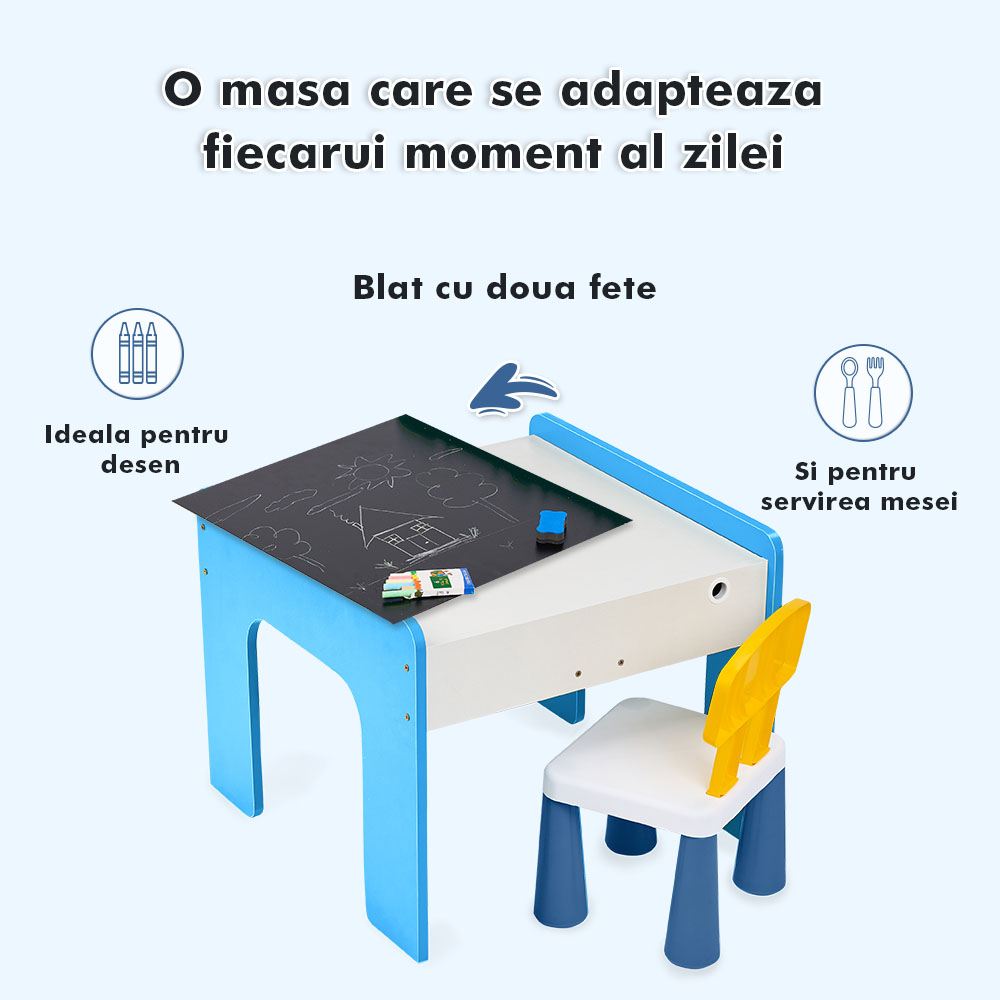 Măsuță multifuncțională pentru copii, folosita la activitati creative, construit modular cu blocuri, depozitare, desenat, colorat, din lemn mdf, scaun inclus, 57x57x45, 3-6 ani, onuvio® - albastru deschis