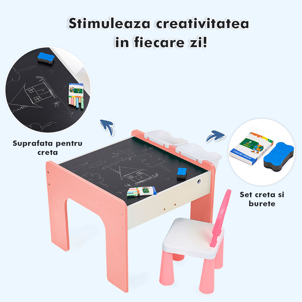 Măsuță multifuncțională pentru copii, folosita la activitati creative, construit modular cu blocuri, depozitare, desenat, colorat, din lemn mdf, scaun inclus, 57x57x45, 3-6 ani, onuvio® - roz