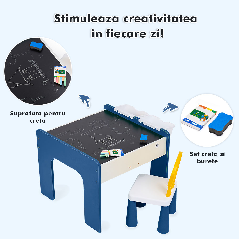 Măsuță multifuncțională pentru copii, folosita la activitati creative, construit modular cu blocuri, depozitare, desenat, colorat, din lemn mdf, scaun inclus, 57x57x45, 3-6 ani, onuvio® - albastru inchis
