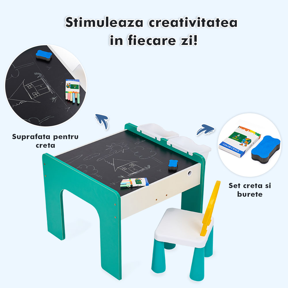 Măsuță multifuncțională pentru copii, folosita la activitati creative, construit modular cu blocuri, depozitare, desenat, colorat, din lemn mdf, scaun inclus, 57x57x45, 3-6 ani, onuvio® - verde