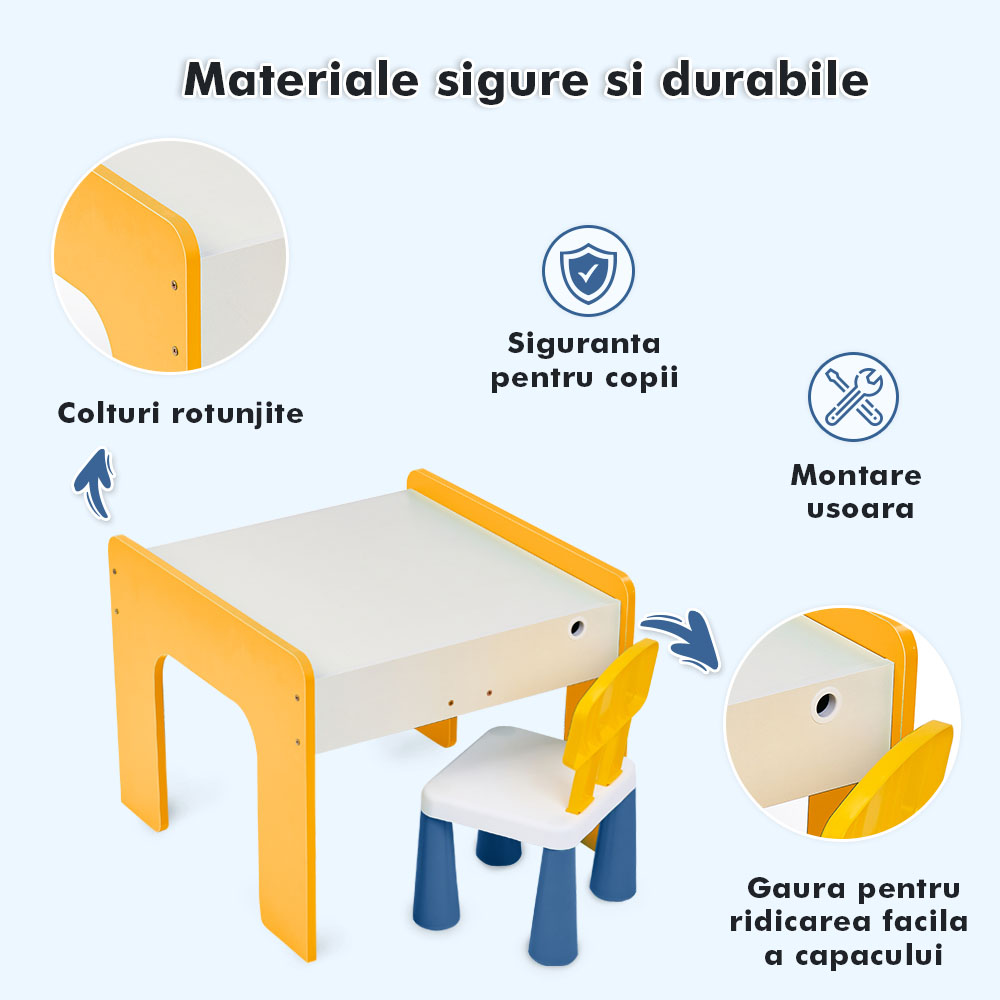 Măsuță multifuncțională pentru copii, folosita la activitati creative, construit modular cu blocuri, depozitare, desenat, colorat, din lemn mdf, scaun inclus, 57x57x45, 3-6 ani, onuvio® - galben