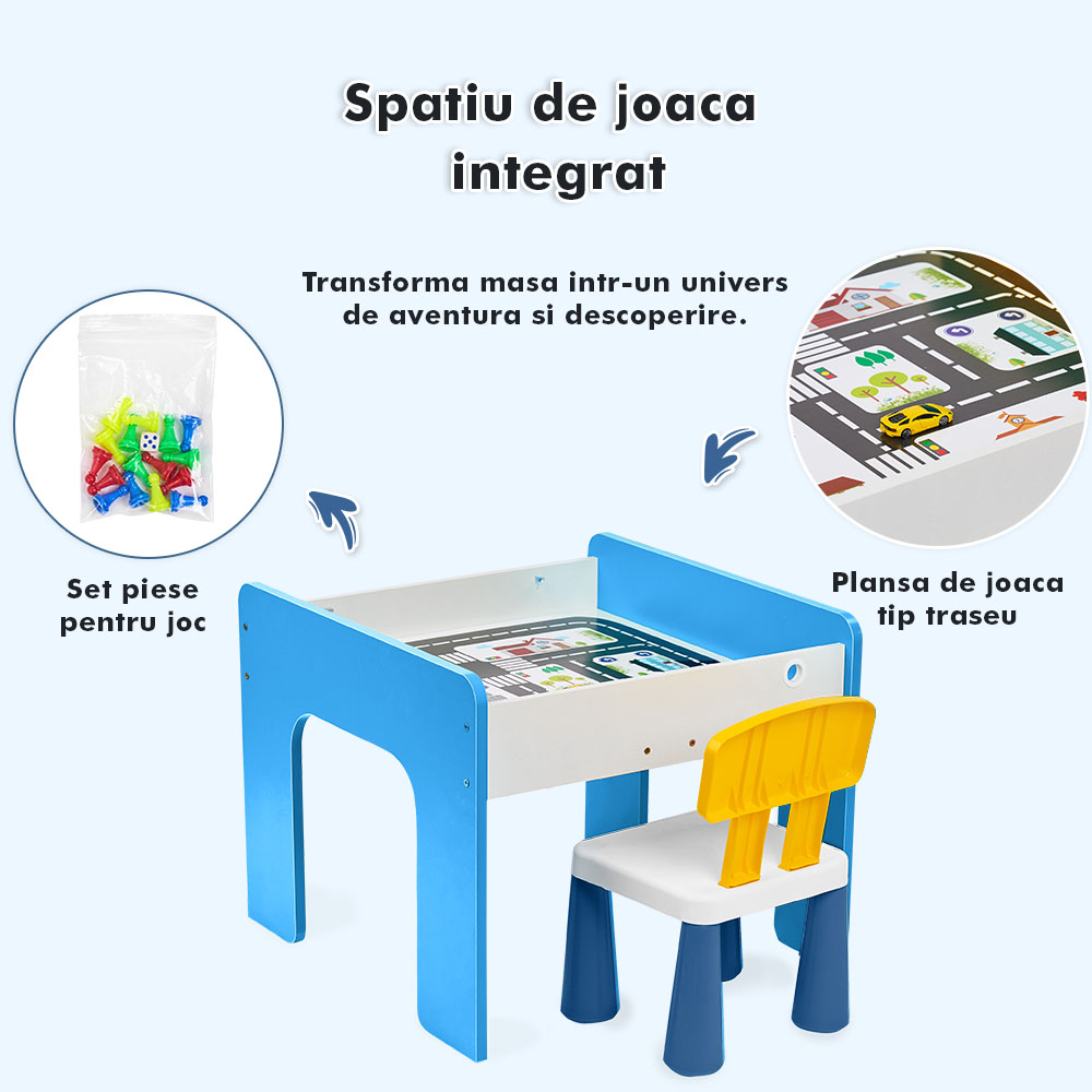 Măsuță multifuncțională pentru copii, folosita la activitati creative, construit modular cu blocuri, depozitare, desenat, colorat, din lemn mdf, scaun inclus, 57x57x45, 3-6 ani, onuvio® - albastru deschis