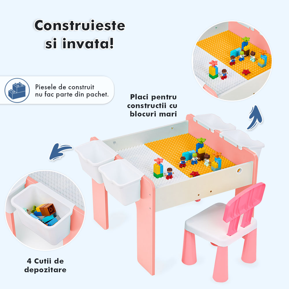 Măsuță multifuncțională pentru copii, folosita la activitati creative, construit modular cu blocuri, depozitare, desenat, colorat, din lemn mdf, scaun inclus, 57x57x45, 3-6 ani, onuvio® - roz