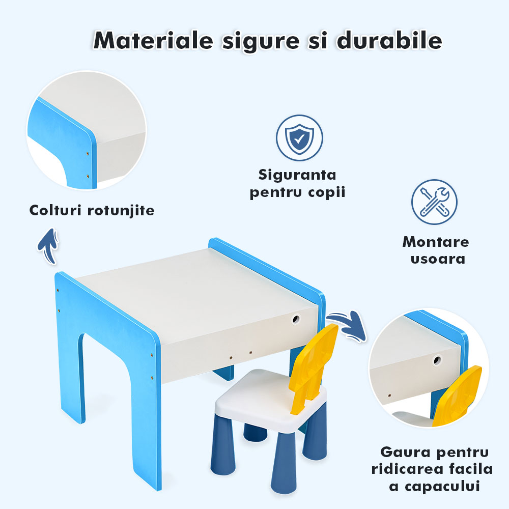 Măsuță multifuncțională pentru copii, folosita la activitati creative, construit modular cu blocuri, depozitare, desenat, colorat, din lemn mdf, scaun inclus, 57x57x45, 3-6 ani, onuvio® - albastru deschis