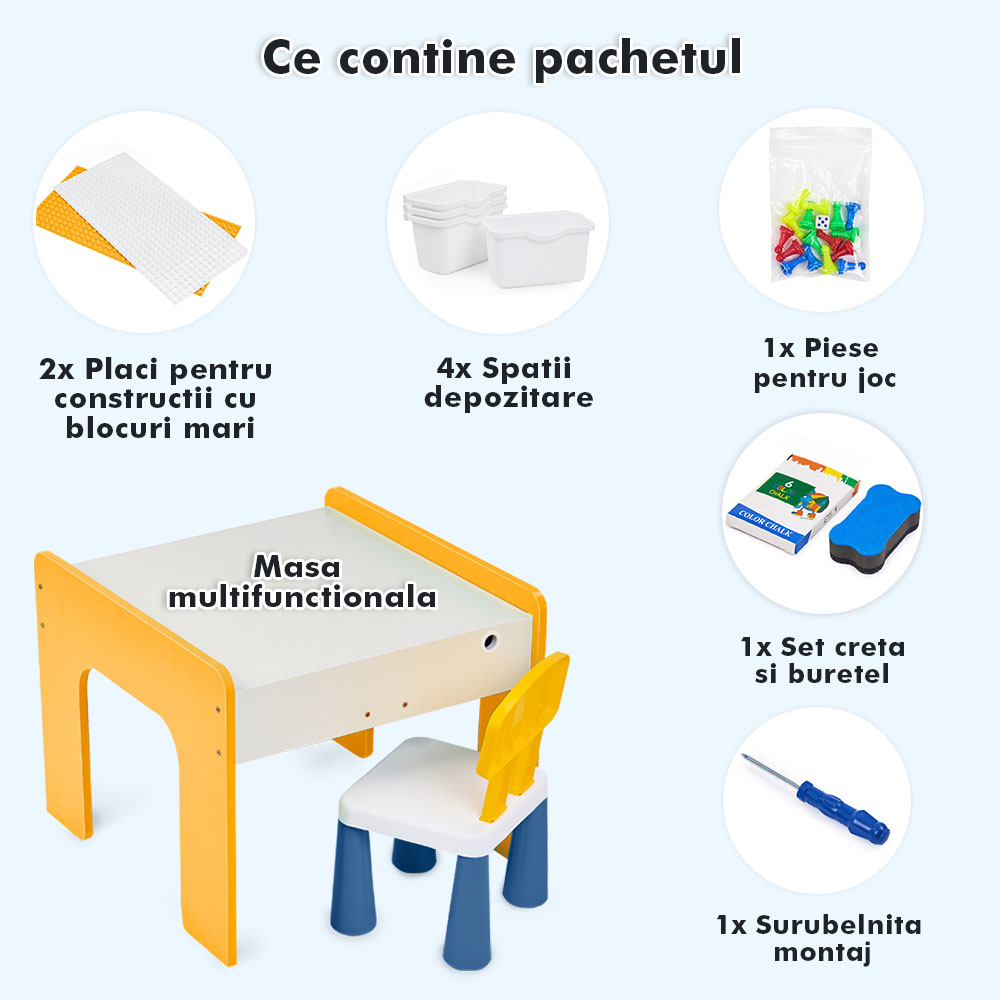 Măsuță multifuncțională pentru copii, folosita la activitati creative, construit modular cu blocuri, depozitare, desenat, colorat, din lemn mdf, scaun inclus, 57x57x45, 3-6 ani, onuvio® - galben
