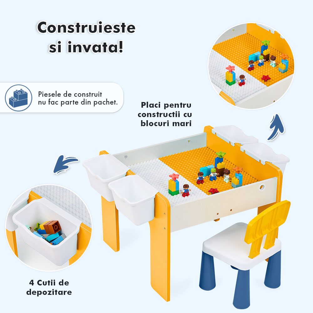 Măsuță multifuncțională pentru copii, folosita la activitati creative, construit modular cu blocuri, depozitare, desenat, colorat, din lemn mdf, scaun inclus, 57x57x45, 3-6 ani, onuvio® - galben
