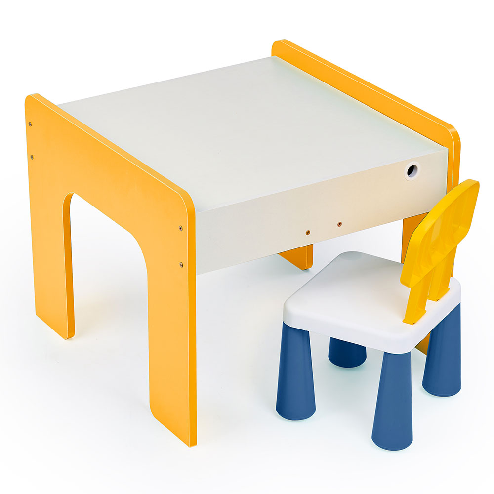Măsuță multifuncțională pentru copii, folosita la activitati creative, construit modular cu blocuri, depozitare, desenat, colorat, din lemn mdf, scaun inclus, 57x57x45, 3-6 ani, onuvio® - galben