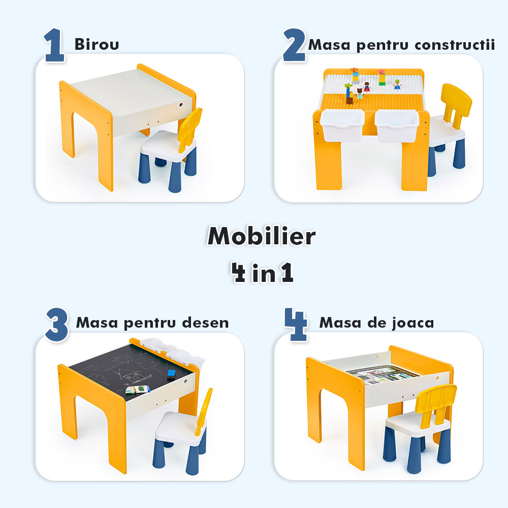 Măsuță multifuncțională pentru copii, folosita la activitati creative, construit modular cu blocuri, depozitare, desenat, colorat, din lemn mdf, scaun inclus, 57x57x45, 3-6 ani, onuvio® - galben