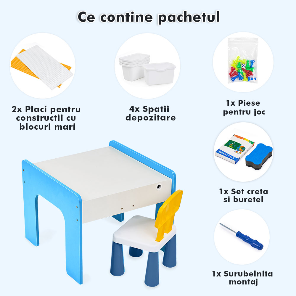Măsuță multifuncțională pentru copii, folosita la activitati creative, construit modular cu blocuri, depozitare, desenat, colorat, din lemn mdf, scaun inclus, 57x57x45, 3-6 ani, onuvio® - albastru deschis