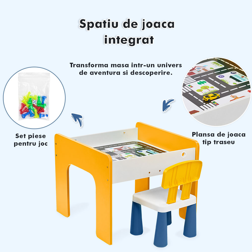 Măsuță multifuncțională pentru copii, folosita la activitati creative, construit modular cu blocuri, depozitare, desenat, colorat, din lemn mdf, scaun inclus, 57x57x45, 3-6 ani, onuvio® - galben