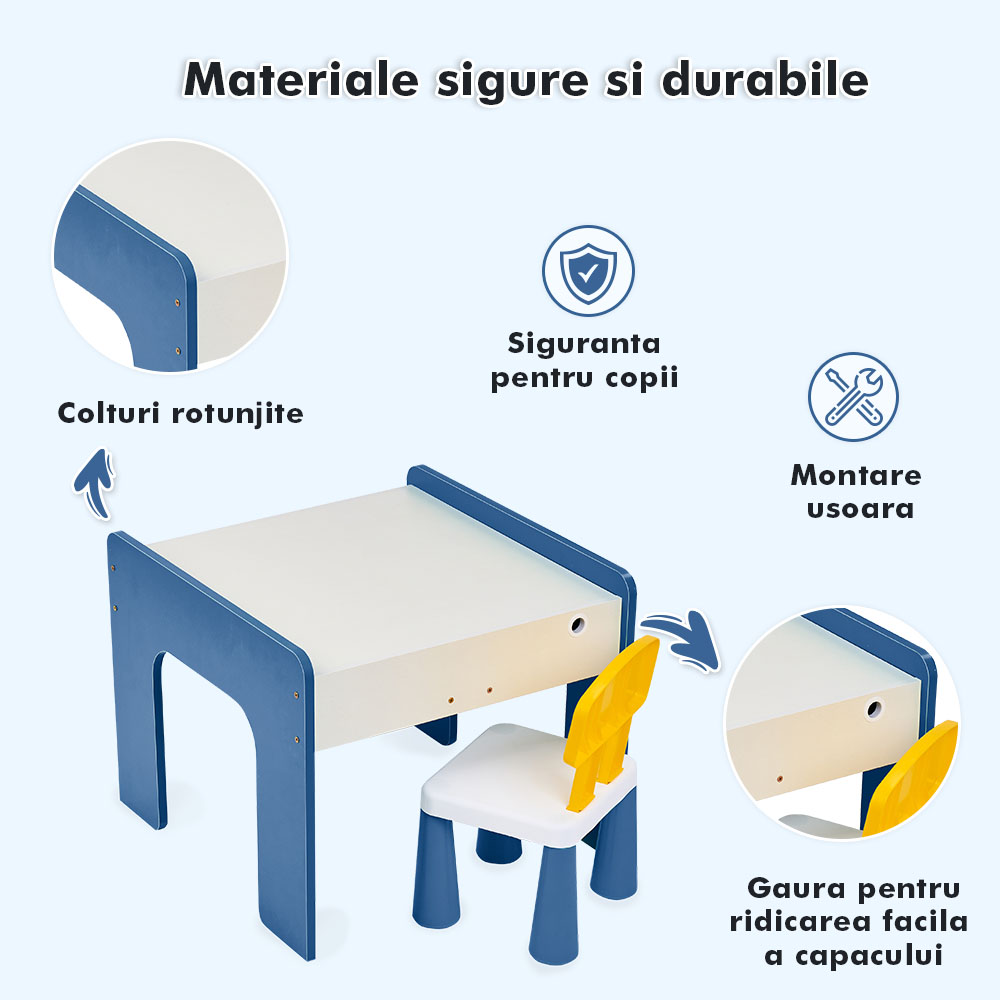 Măsuță multifuncțională pentru copii, folosita la activitati creative, construit modular cu blocuri, depozitare, desenat, colorat, din lemn mdf, scaun inclus, 57x57x45, 3-6 ani, onuvio® - albastru inchis