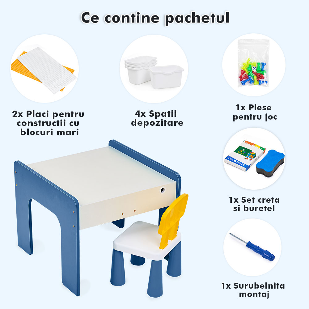 Măsuță multifuncțională pentru copii, folosita la activitati creative, construit modular cu blocuri, depozitare, desenat, colorat, din lemn mdf, scaun inclus, 57x57x45, 3-6 ani, onuvio® - albastru inchis