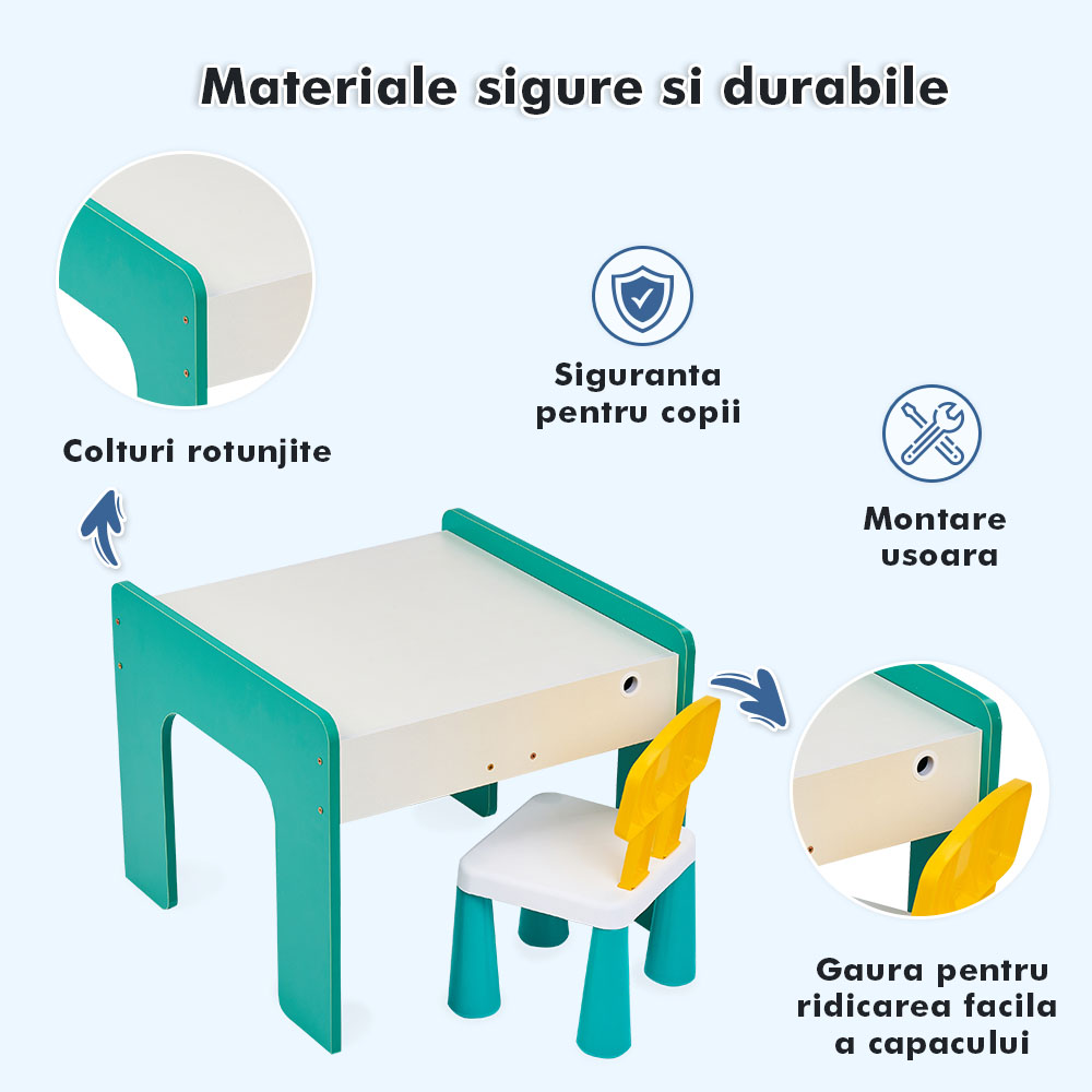 Măsuță multifuncțională pentru copii, folosita la activitati creative, construit modular cu blocuri, depozitare, desenat, colorat, din lemn mdf, scaun inclus, 57x57x45, 3-6 ani, onuvio® - verde