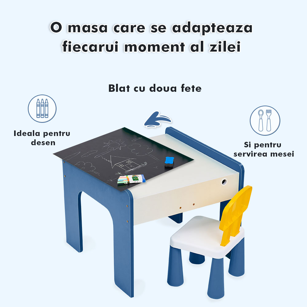 Măsuță multifuncțională pentru copii, folosita la activitati creative, construit modular cu blocuri, depozitare, desenat, colorat, din lemn mdf, scaun inclus, 57x57x45, 3-6 ani, onuvio® - albastru inchis