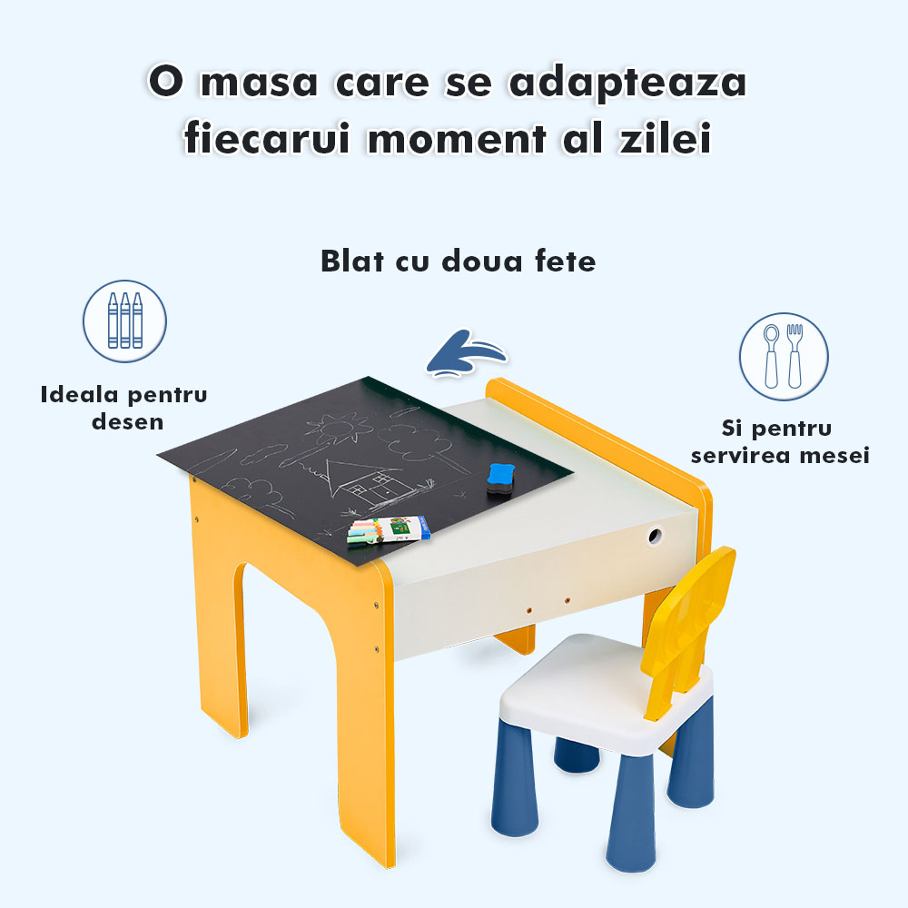 Măsuță multifuncțională pentru copii, folosita la activitati creative, construit modular cu blocuri, depozitare, desenat, colorat, din lemn mdf, scaun inclus, 57x57x45, 3-6 ani, onuvio® - galben