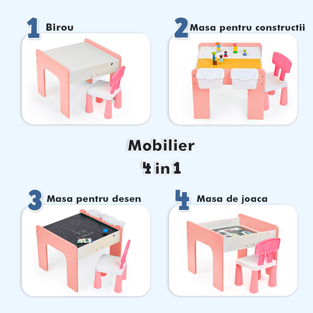 Măsuță multifuncțională pentru copii, folosita la activitati creative, construit modular cu blocuri, depozitare, desenat, colorat, din lemn mdf, scaun inclus, 57x57x45, 3-6 ani, onuvio® - roz
