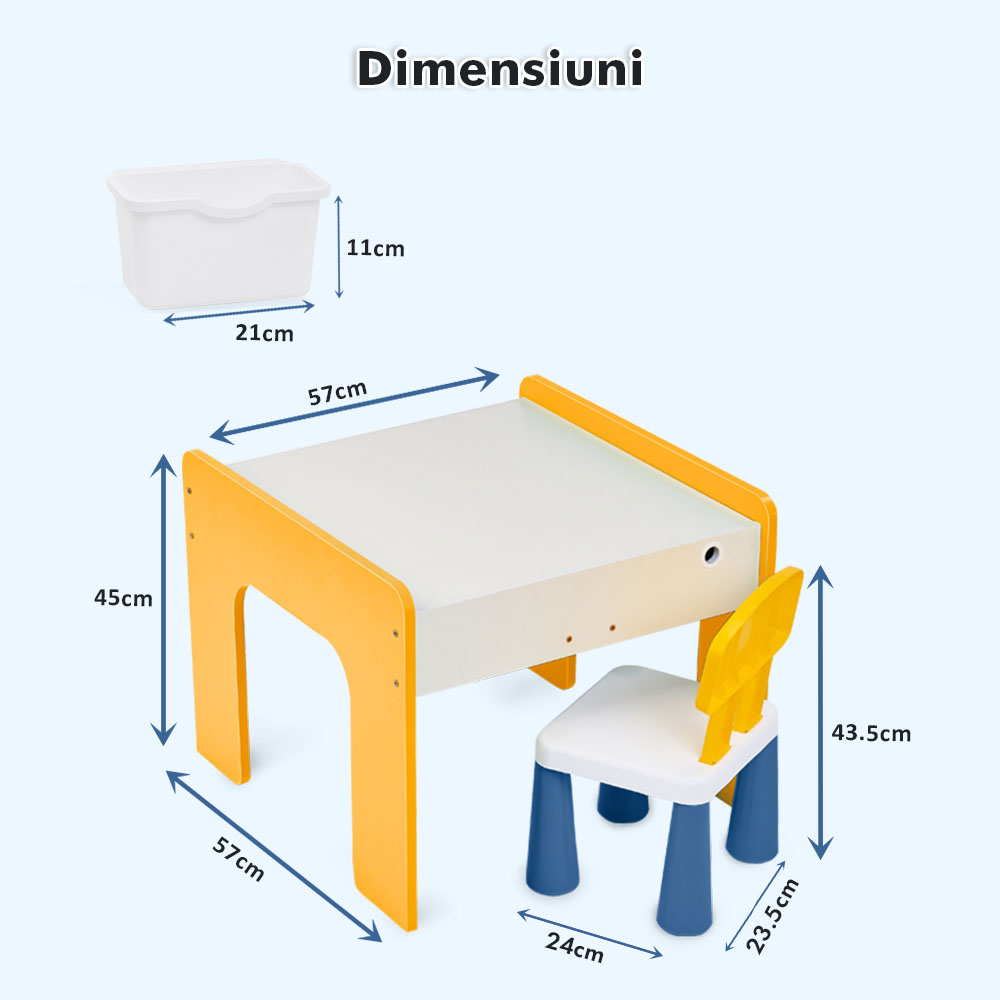 Măsuță multifuncțională pentru copii, folosita la activitati creative, construit modular cu blocuri, depozitare, desenat, colorat, din lemn mdf, scaun inclus, 57x57x45, 3-6 ani, onuvio® - galben