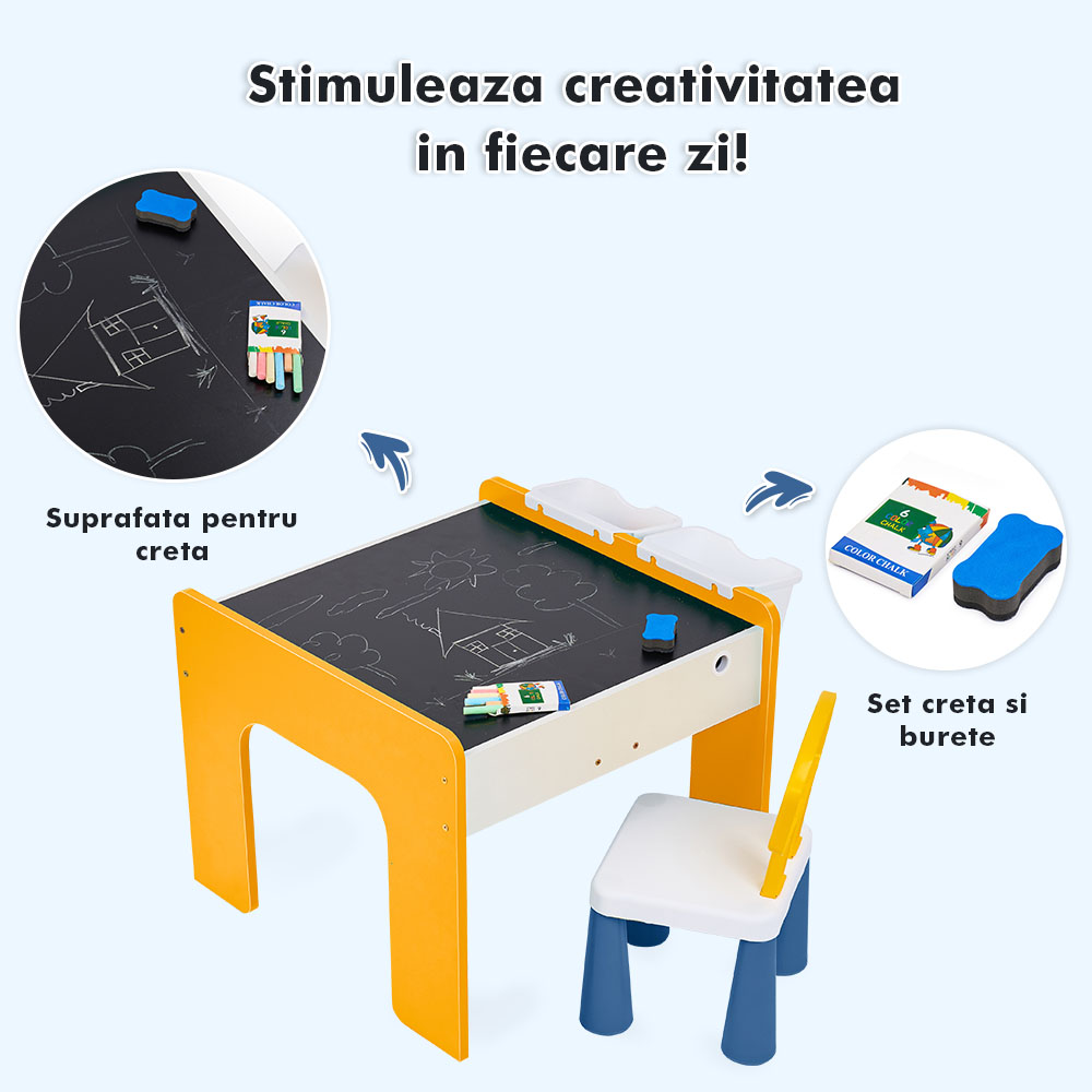 Măsuță multifuncțională pentru copii, folosita la activitati creative, construit modular cu blocuri, depozitare, desenat, colorat, din lemn mdf, scaun inclus, 57x57x45, 3-6 ani, onuvio® - galben