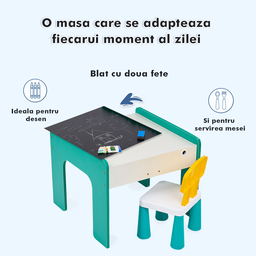 Măsuță multifuncțională pentru copii, folosita la activitati creative, construit modular cu blocuri, depozitare, desenat, colorat, din lemn mdf, scaun inclus, 57x57x45, 3-6 ani, onuvio® - verde