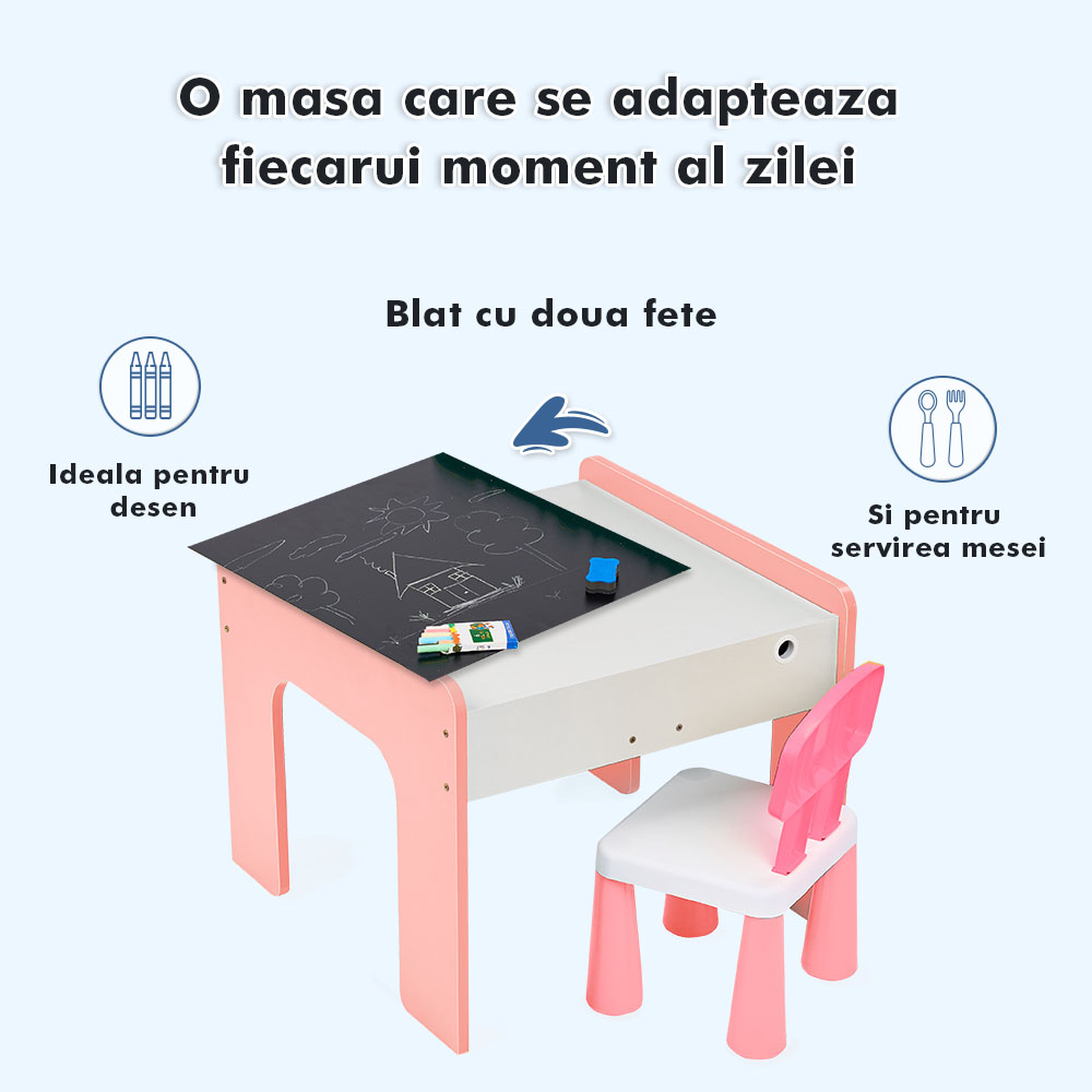 Măsuță multifuncțională pentru copii, folosita la activitati creative, construit modular cu blocuri, depozitare, desenat, colorat, din lemn mdf, scaun inclus, 57x57x45, 3-6 ani, onuvio® - roz