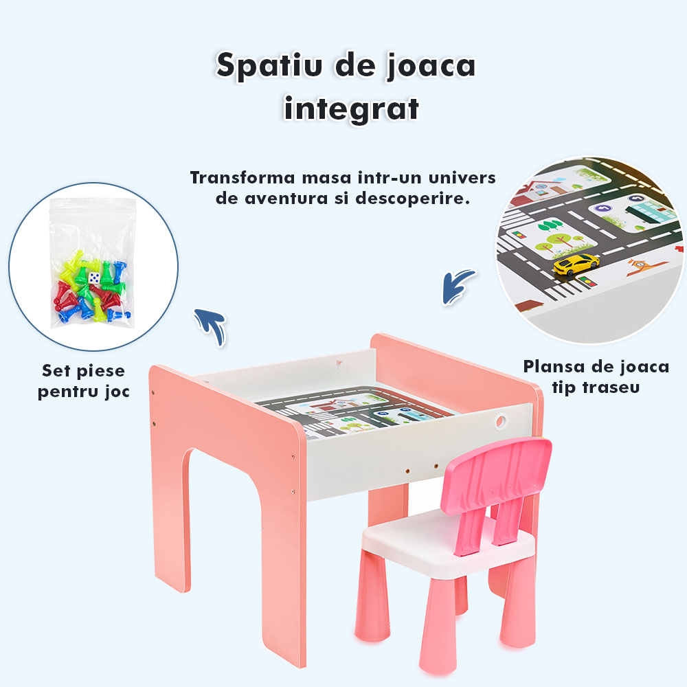 Măsuță multifuncțională pentru copii, folosita la activitati creative, construit modular cu blocuri, depozitare, desenat, colorat, din lemn mdf, scaun inclus, 57x57x45, 3-6 ani, onuvio® - roz