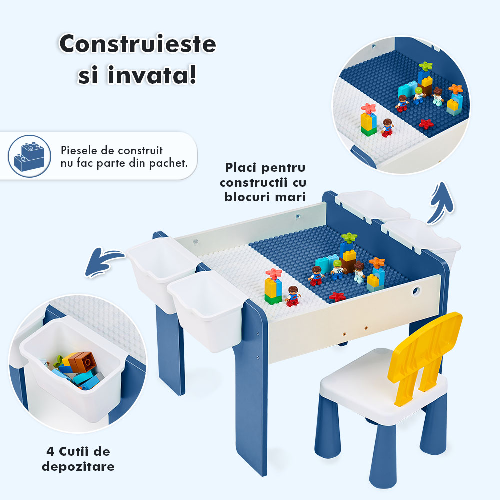 Măsuță multifuncțională pentru copii, folosita la activitati creative, construit modular cu blocuri, depozitare, desenat, colorat, din lemn mdf, scaun inclus, 57x57x45, 3-6 ani, onuvio® - albastru inchis
