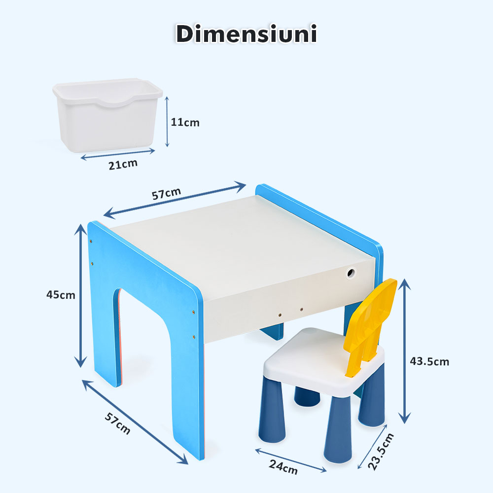 Măsuță multifuncțională pentru copii, folosita la activitati creative, construit modular cu blocuri, depozitare, desenat, colorat, din lemn mdf, scaun inclus, 57x57x45, 3-6 ani, onuvio® - albastru deschis