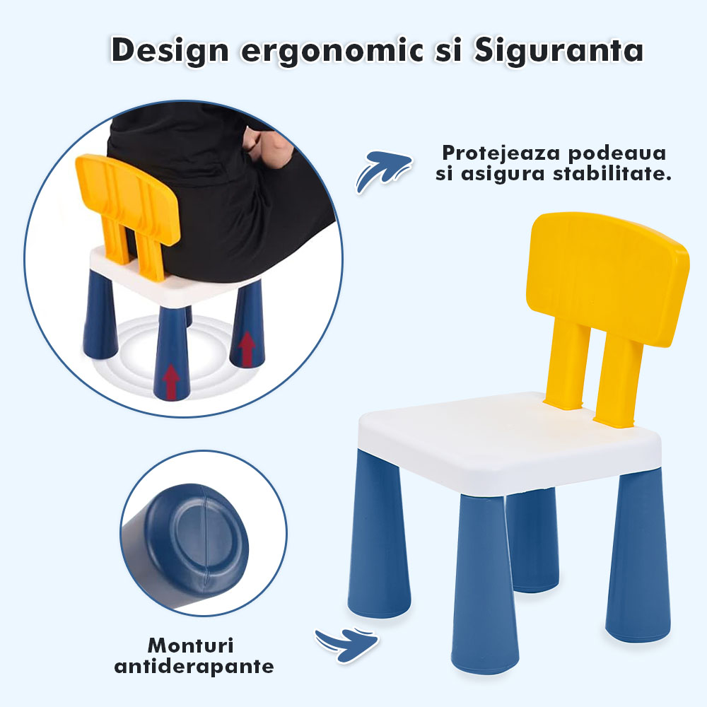 Măsuță multifuncțională pentru copii, folosita la activitati creative, construit modular cu blocuri, depozitare, desenat, colorat, din lemn mdf, scaun inclus, 57x57x45, 3-6 ani, onuvio® - albastru deschis
