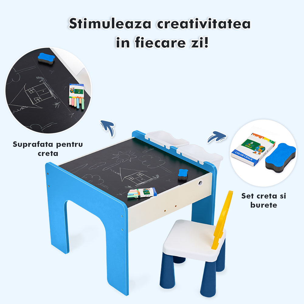 Măsuță multifuncțională pentru copii, folosita la activitati creative, construit modular cu blocuri, depozitare, desenat, colorat, din lemn mdf, scaun inclus, 57x57x45, 3-6 ani, onuvio® - albastru deschis