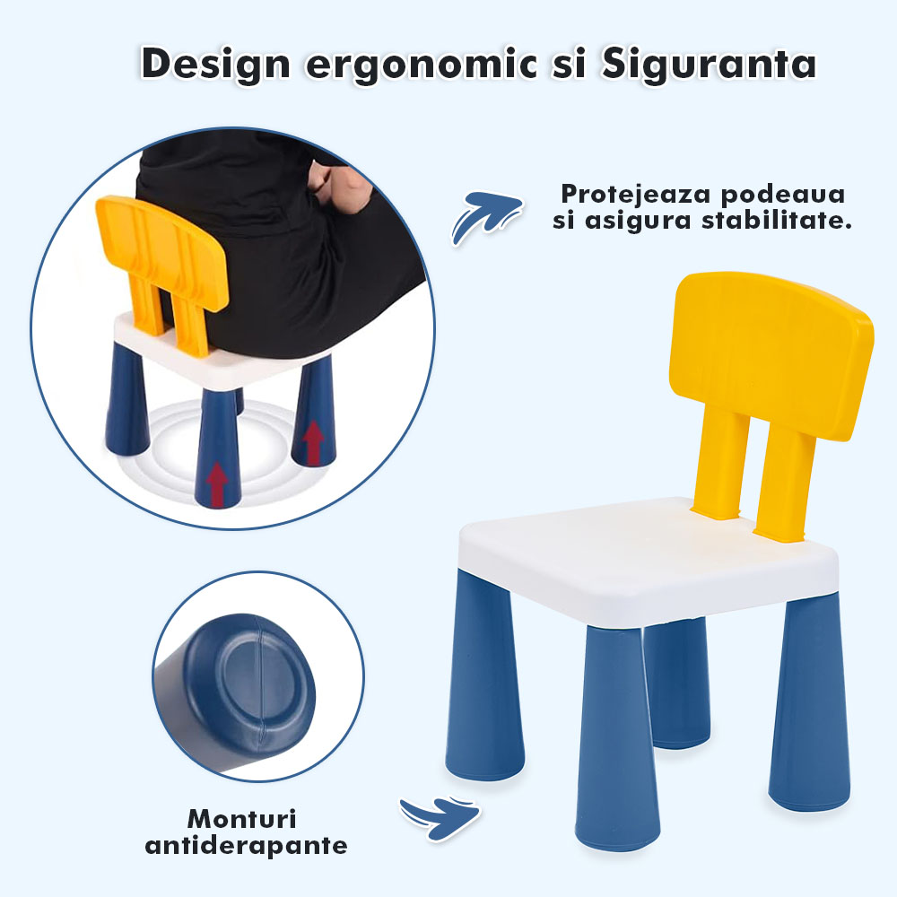 Măsuță multifuncțională pentru copii, folosita la activitati creative, construit modular cu blocuri, depozitare, desenat, colorat, din lemn mdf, scaun inclus, 57x57x45, 3-6 ani, onuvio® - albastru inchis