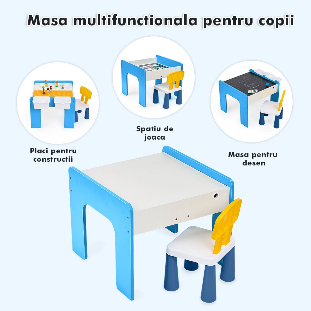 Măsuță multifuncțională pentru copii, folosita la activitati creative, construit modular cu blocuri, depozitare, desenat, colorat, din lemn mdf, scaun inclus, 57x57x45, 3-6 ani, onuvio® - albastru deschis