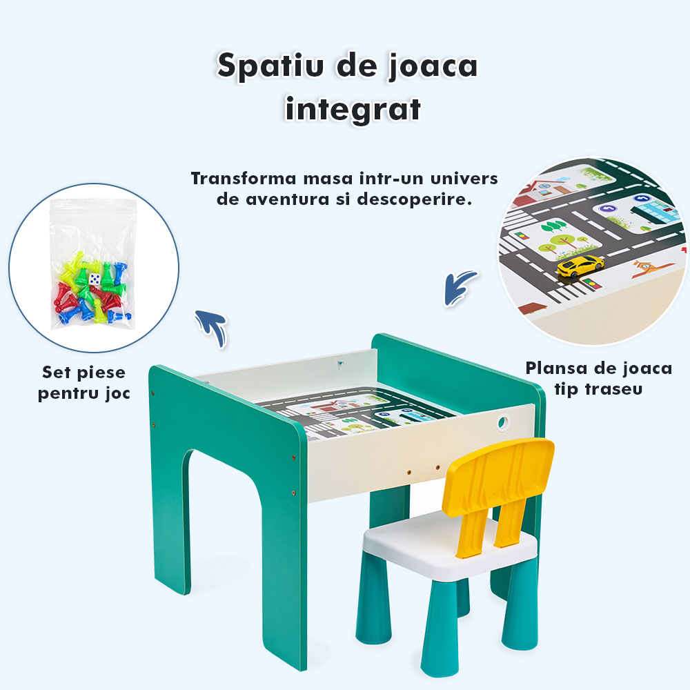 Măsuță multifuncțională pentru copii, folosita la activitati creative, construit modular cu blocuri, depozitare, desenat, colorat, din lemn mdf, scaun inclus, 57x57x45, 3-6 ani, onuvio® - verde