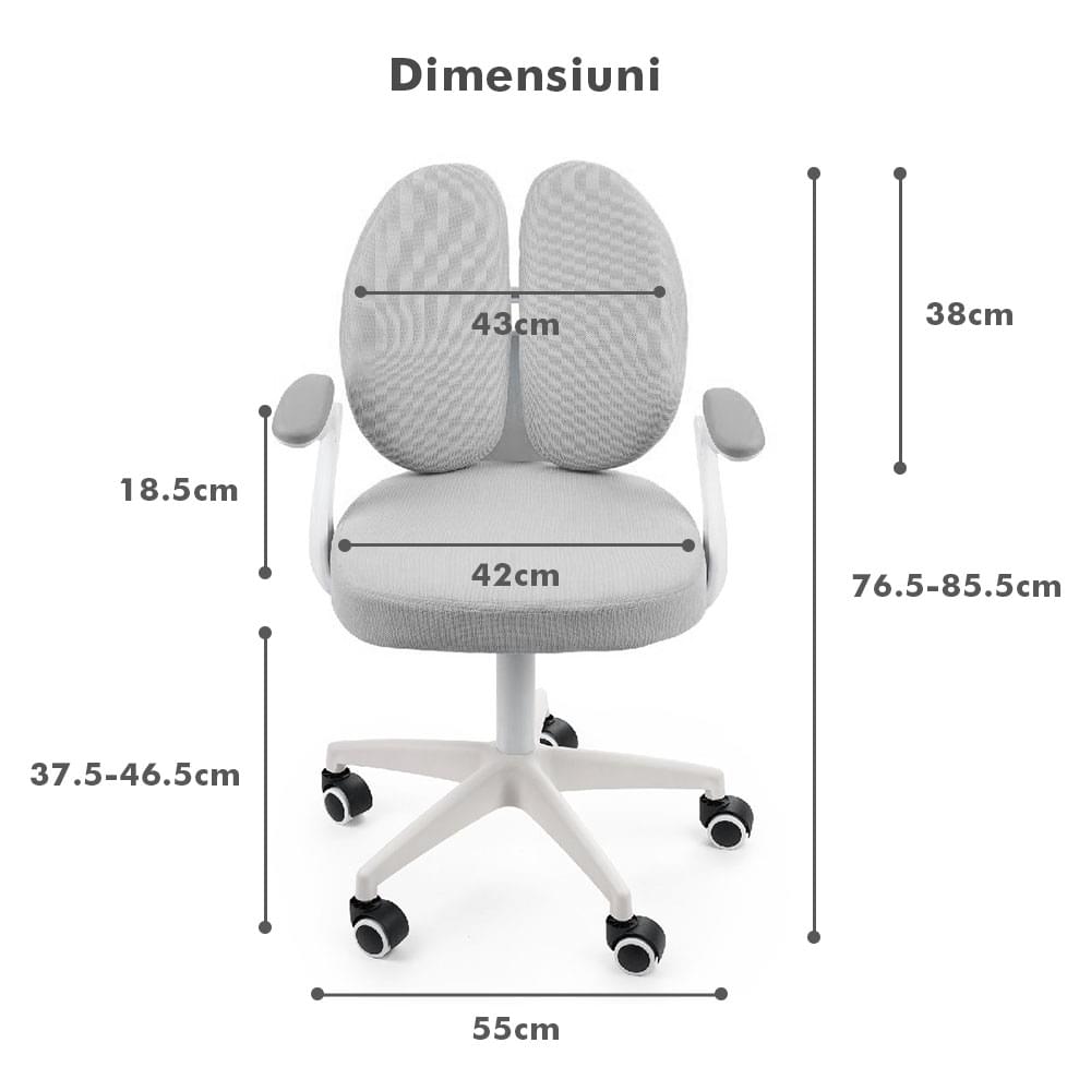 Scaun ergonomic onuvio® reglabil pentru clasele primare - invățarea poziției corecte la birou, suport pentru picioare, manere rabatabile, material rezistent la uzură, murdărie și lichide, cu roti autoblocante - gri