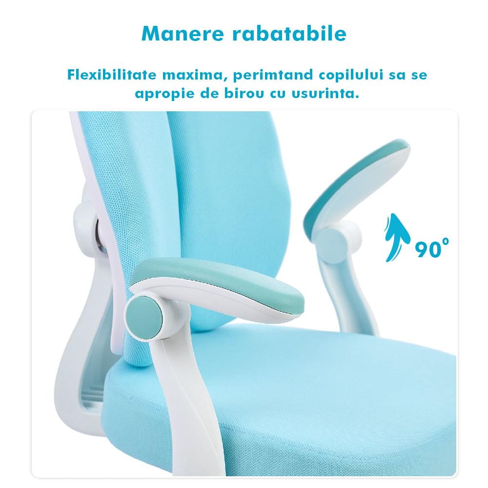 Scaun ergonomic onuvio® reglabil pentru clasele primare - invățarea poziției corecte la birou, suport pentru picioare, manere rabatabile, material rezistent la uzură, murdărie și lichide, cu roti autoblocante - albastru