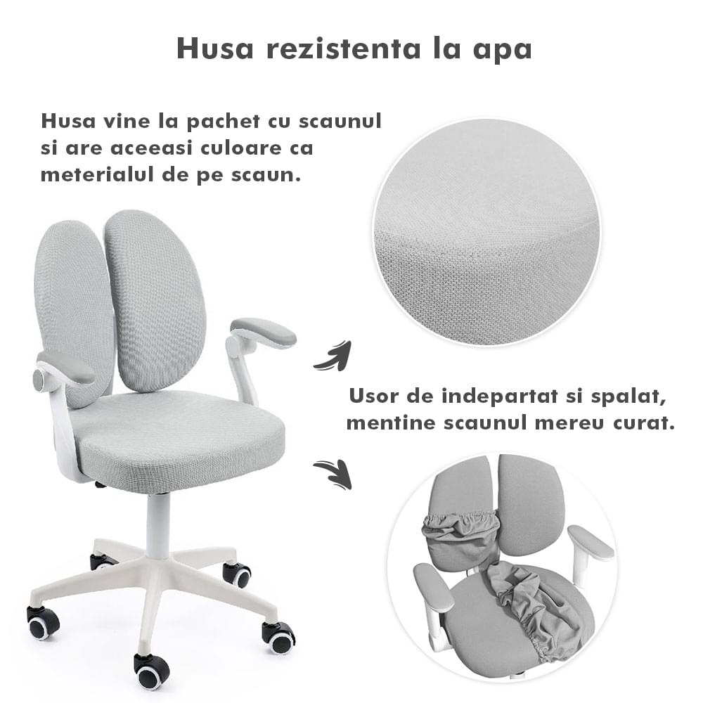 Scaun ergonomic onuvio® reglabil pentru clasele primare - invățarea poziției corecte la birou, suport pentru picioare, manere rabatabile, material rezistent la uzură, murdărie și lichide, cu roti autoblocante - gri