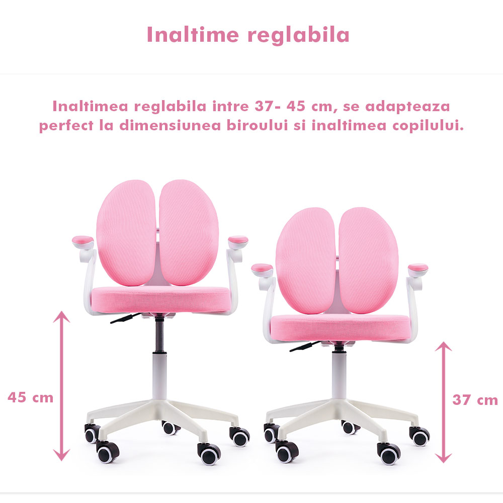 Scaun ergonomic onuvio® reglabil pentru clasele primare - invățarea poziției corecte la birou, suport pentru picioare, manere rabatabile, material rezistent la uzură, murdărie și lichide, cu roti autoblocante - roz