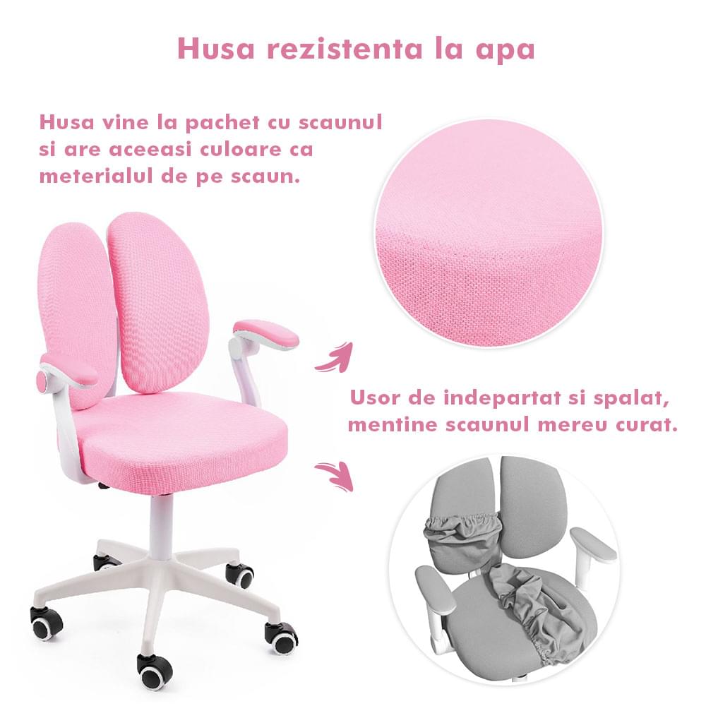 Scaun ergonomic onuvio® reglabil pentru clasele primare - invățarea poziției corecte la birou, suport pentru picioare, manere rabatabile, material rezistent la uzură, murdărie și lichide, cu roti autoblocante - roz