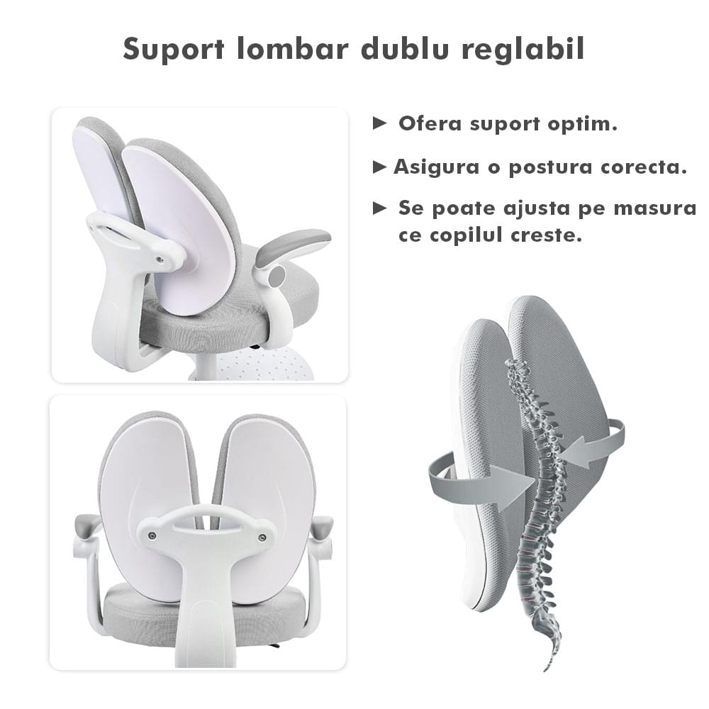 Scaun ergonomic onuvio® reglabil pentru clasele primare - invățarea poziției corecte la birou, suport pentru picioare, manere rabatabile, material rezistent la uzură, murdărie și lichide, cu roti autoblocante - gri