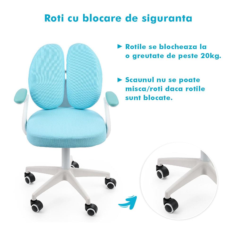 Scaun ergonomic onuvio® reglabil pentru clasele primare - invățarea poziției corecte la birou, suport pentru picioare, manere rabatabile, material rezistent la uzură, murdărie și lichide, cu roti autoblocante - albastru