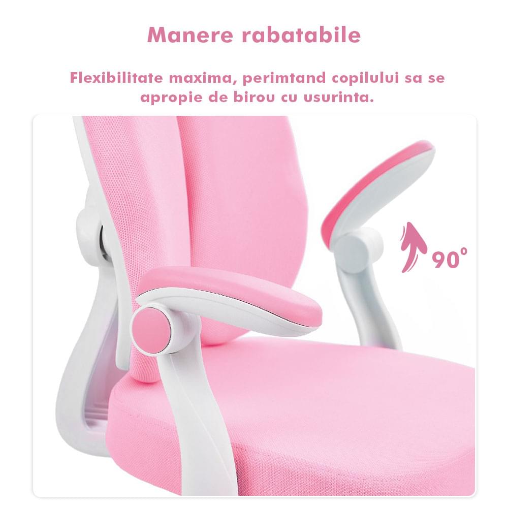 Scaun ergonomic onuvio® reglabil pentru clasele primare - invățarea poziției corecte la birou, suport pentru picioare, manere rabatabile, material rezistent la uzură, murdărie și lichide, cu roti autoblocante - roz