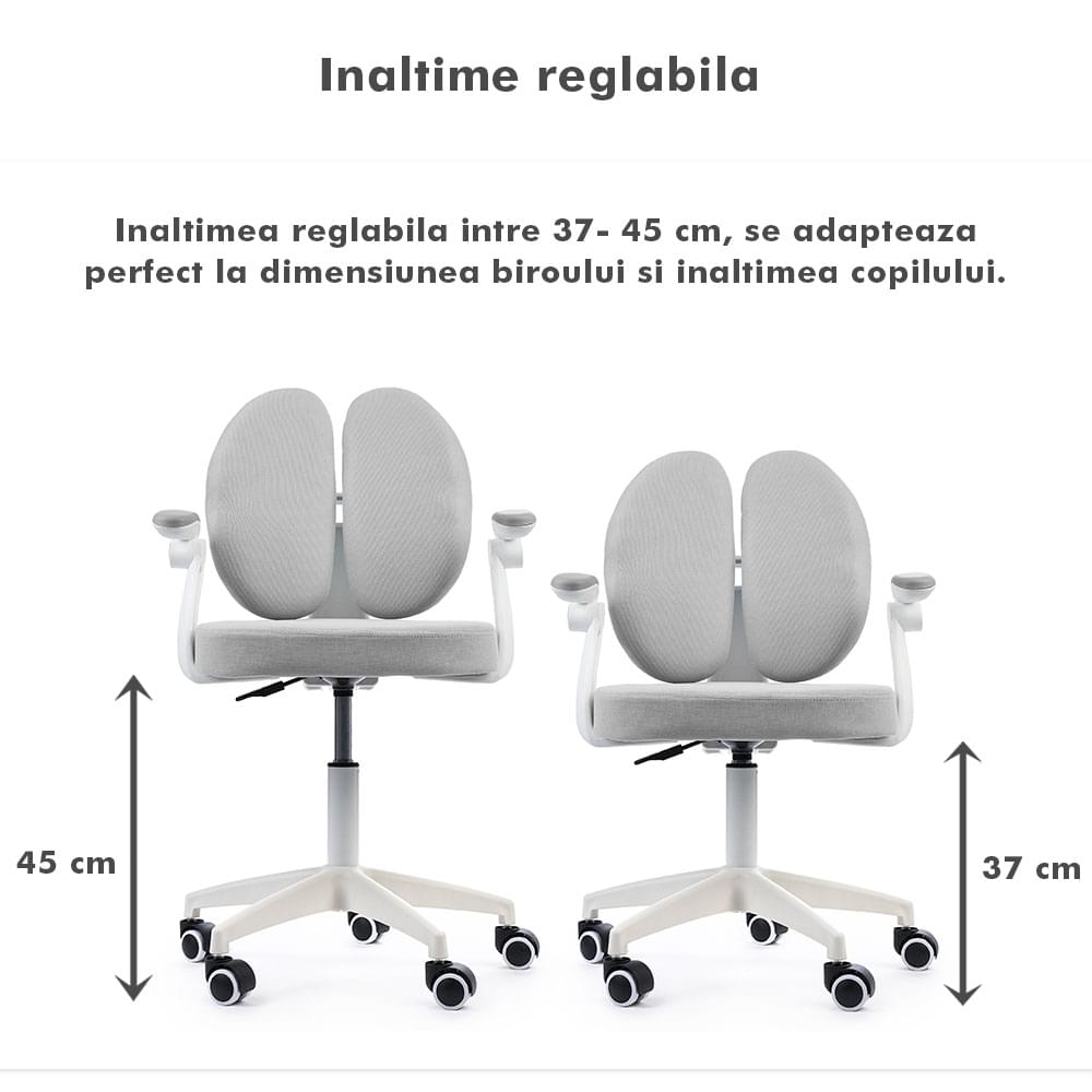 Scaun ergonomic onuvio® reglabil pentru clasele primare - invățarea poziției corecte la birou, suport pentru picioare, manere rabatabile, material rezistent la uzură, murdărie și lichide, cu roti autoblocante - gri
