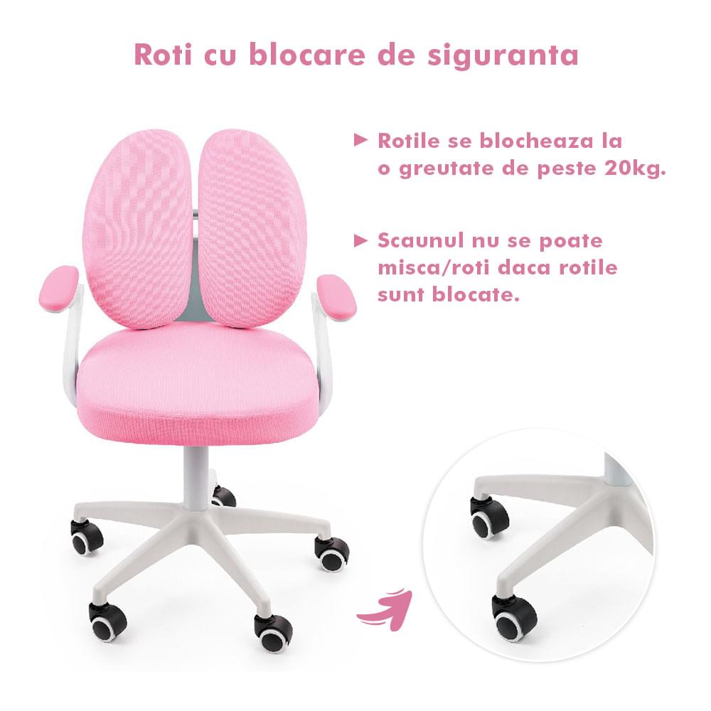 Scaun ergonomic onuvio® reglabil pentru clasele primare - invățarea poziției corecte la birou, suport pentru picioare, manere rabatabile, material rezistent la uzură, murdărie și lichide, cu roti autoblocante - roz