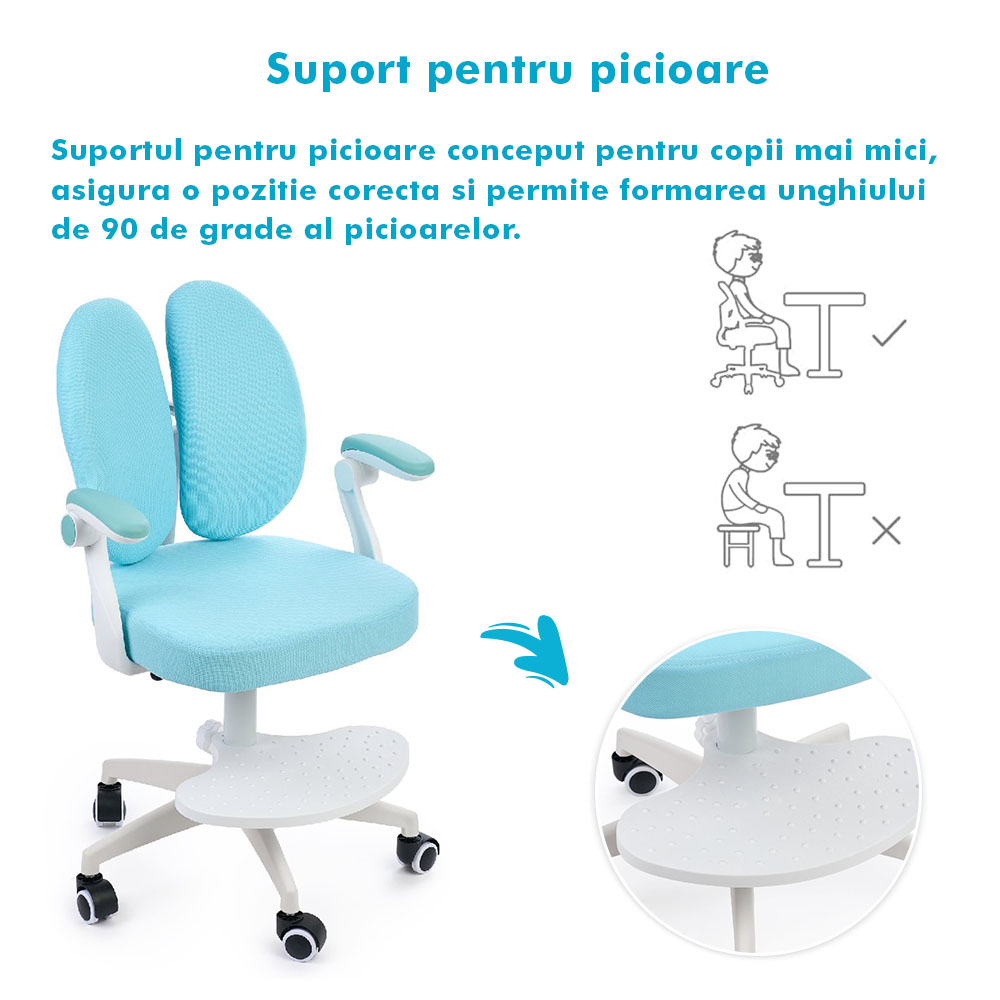 Scaun ergonomic onuvio® reglabil pentru clasele primare - invățarea poziției corecte la birou, suport pentru picioare, manere rabatabile, material rezistent la uzură, murdărie și lichide, cu roti autoblocante - albastru