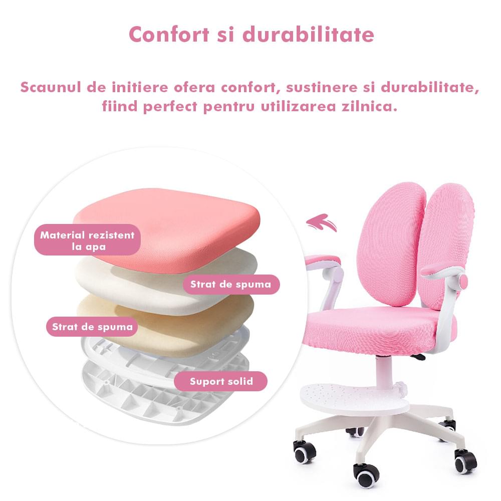 Scaun ergonomic onuvio® reglabil pentru clasele primare - invățarea poziției corecte la birou, suport pentru picioare, manere rabatabile, material rezistent la uzură, murdărie și lichide, cu roti autoblocante - roz