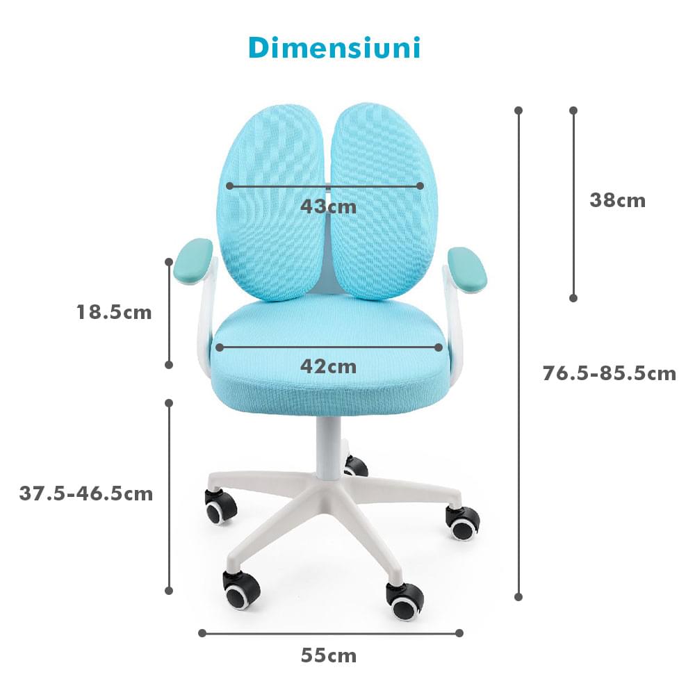 Scaun ergonomic onuvio® reglabil pentru clasele primare - invățarea poziției corecte la birou, suport pentru picioare, manere rabatabile, material rezistent la uzură, murdărie și lichide, cu roti autoblocante - albastru