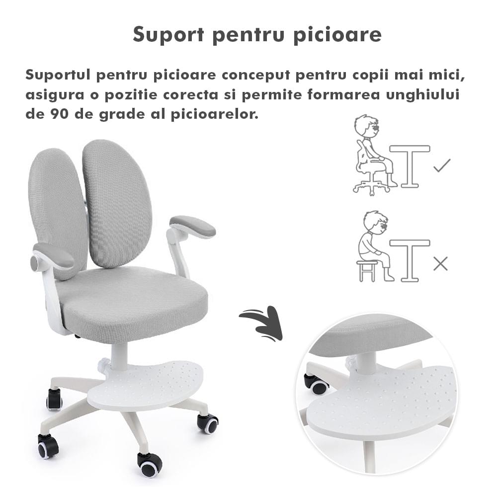 Scaun ergonomic onuvio® reglabil pentru clasele primare - invățarea poziției corecte la birou, suport pentru picioare, manere rabatabile, material rezistent la uzură, murdărie și lichide, cu roti autoblocante - gri